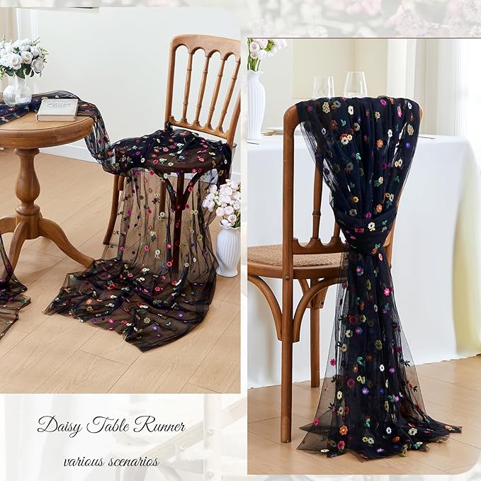 JIALE 3 Pack Black Floral Table Runner, Embroidery Daisy Seasonal Table - Image 6