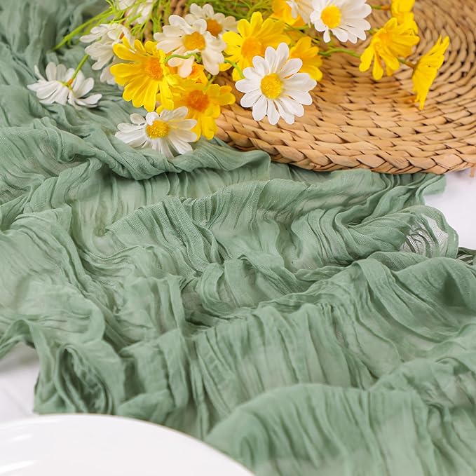 Snowkingdom Sage Green Cheesecloth Table Runner, 160 Inch 13 Ft Rustic Boho - Image 4