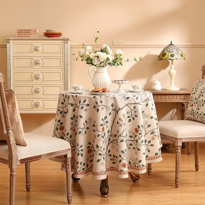 ISAENNE Designer Floral Small Round Tablecloth, French Linen Light Beige Indoor - Image 2