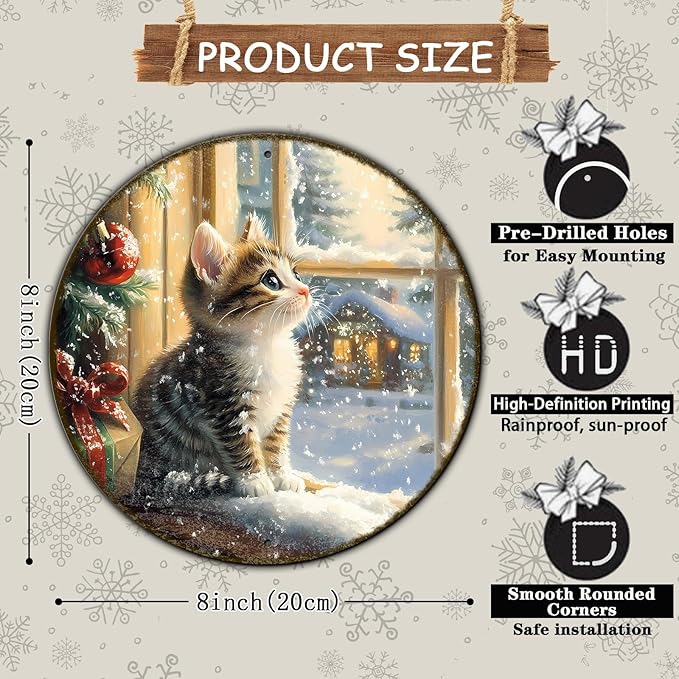 Round Christmas Sign Cats Vintage Metal Sign Christmas Kitten Retro Tin Sign - Image 2
