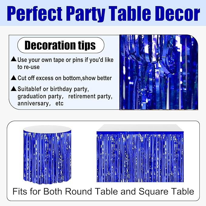 3 Pack 29x108 Inch Blue Foil Fringe Table Skirts Metallic Banner - Image 3