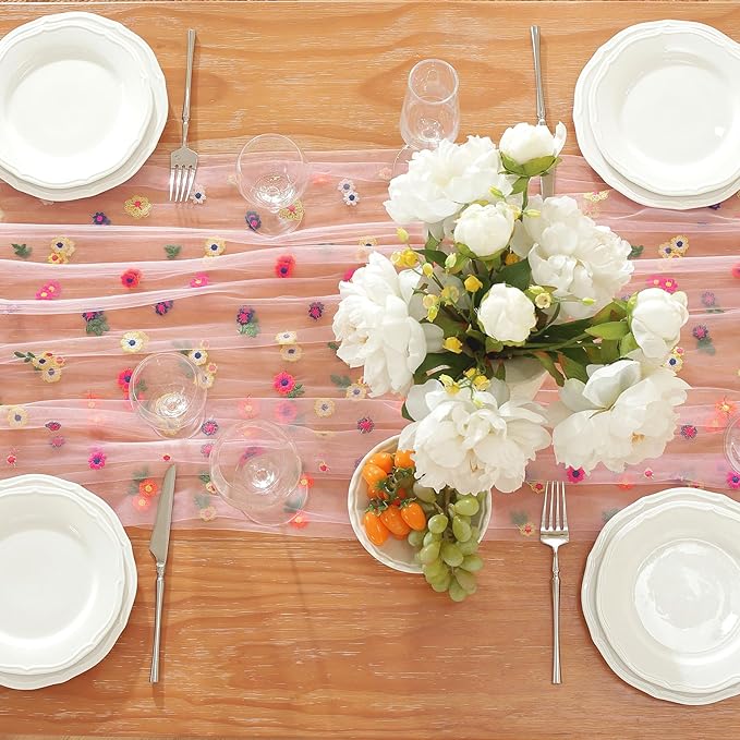 Pink Flower Tulle Table Runner 29x120 Inch Embroidery Florals Soft Sheer Tulle - Image 4