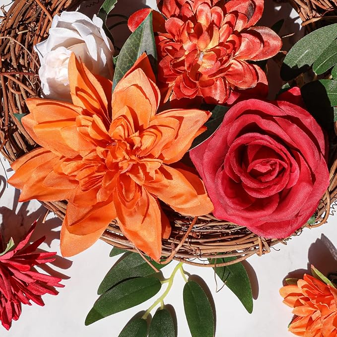 AmyHomie Orange Artificial Flowers Combo Silk Mix Peony Rose Hydrangea Fake - Image 8