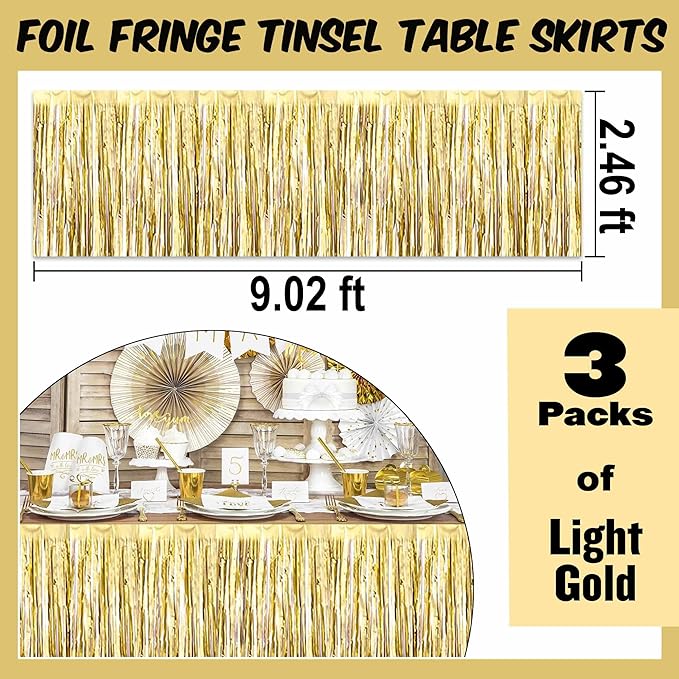 3 Pack 29 x108 Inch Light Gold Foil Fringe Table Skirts Metallic Banner - Image 3