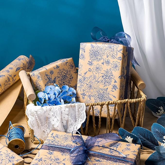 WRAPAHOLIC Kraft Blue Floral Wrapping Paper - Image 7
