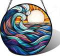 Stained Glass Window Hanging, Big Wave Sun Suncatcher Diamond Glass Panel by DASTOLL