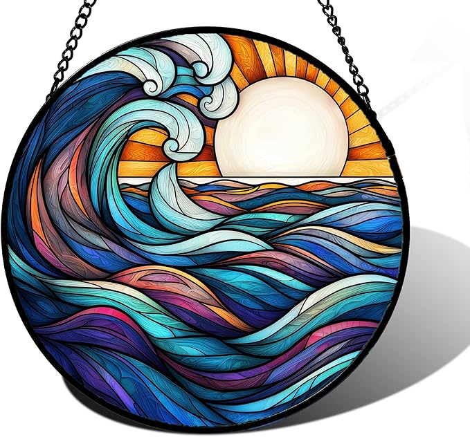 Stained Glass Window Hanging, Big Wave Sun Suncatcher Diamond Glass Panel by DASTOLL