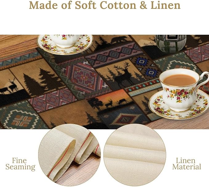 Rustic Cabin Bear Aztec Table Runner, Retro Brown Bear Rustic Theme Geometry - Image 5