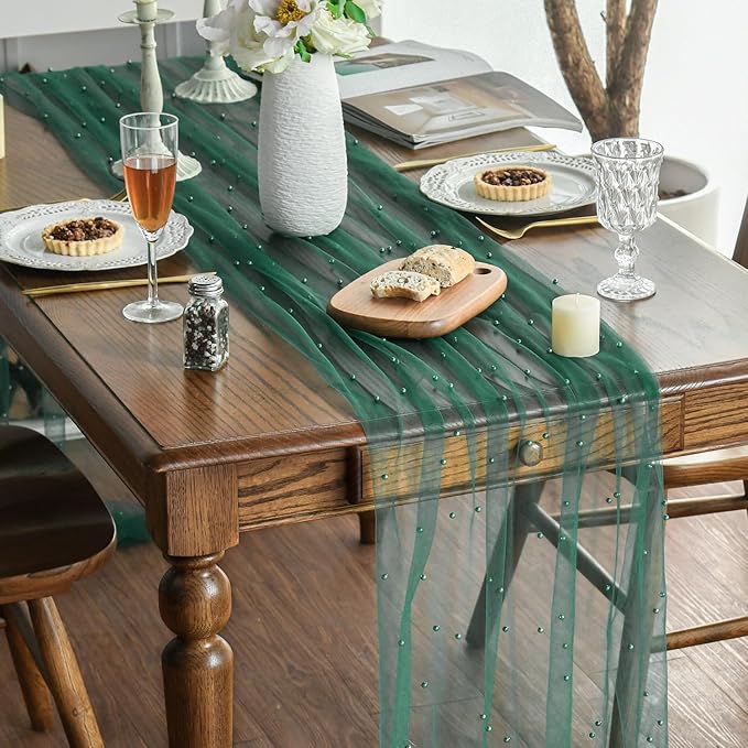 Artoid Mode Pearl Dark Green Gauze Table Runner 59x120 Inch, Seasonal Sheer - Image 4