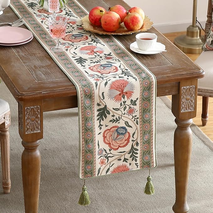 ISAENNE Designer Vintage Linen Table Runner 87 Inches Long, Elegant Floral - Image 2