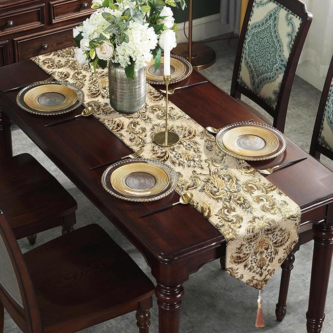 13x108 inch Exquisite Gold Floral Jacquard Table Runner Thick Beige Chenille - Image 3