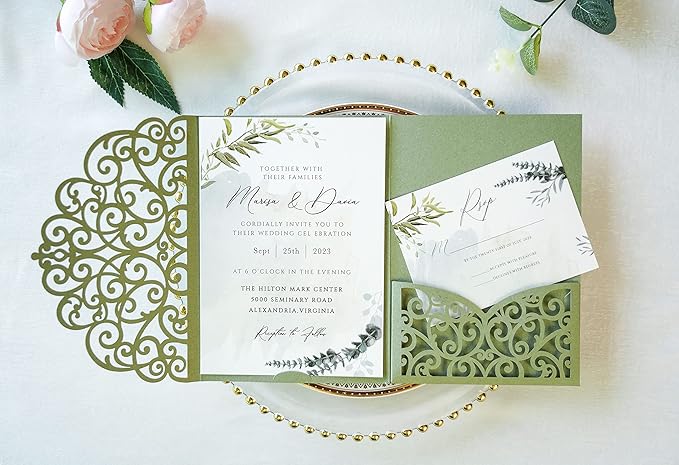 ponatia 5.12 x 7.2 Sage Green Laser Cut Wedding Invitations - Image 2