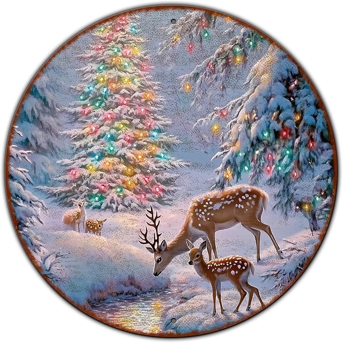 Christmas Tree Decor Round Metal Tin Sign Christmas Deer Vintage Tin Sign by GJXFTPTTBD