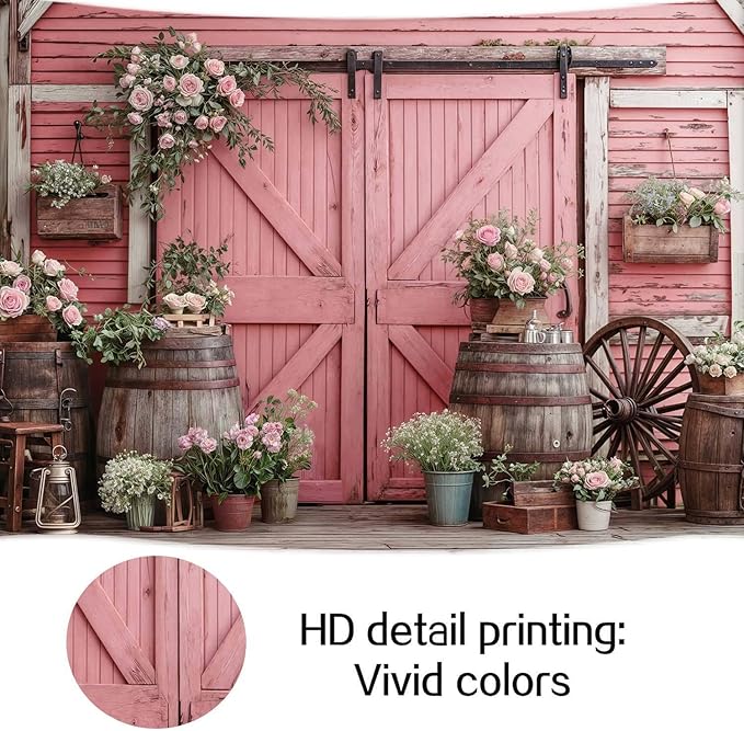 6x4ft Country Wedding Pink Photography Backdrop Rustic Wooden Barn Door - Image 7