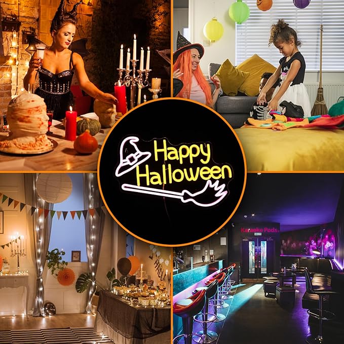Happy Halloween Neon Sign Witch Hat Neon Sign Dimmable Broom Led Wall Decor - Image 6