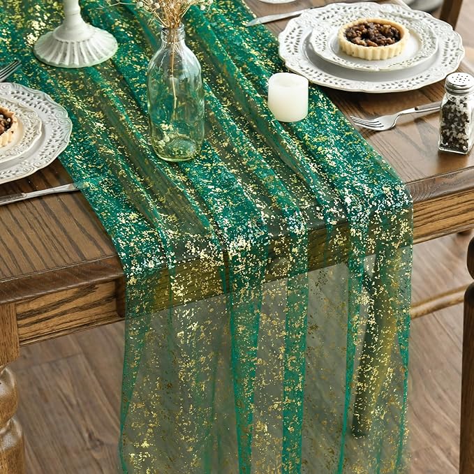 Artoid Mode 3PCS Green Gold Gauze Table Runner 120 Inch 10FT, Glitter Metallic by ArtoidMode