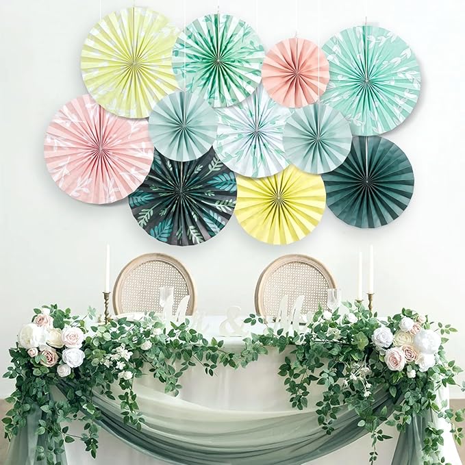 SUNBEAUTY 11 Pcs Sage Green Paper Fans Decoration Ceiling Decor Leaves Paper - Image 6