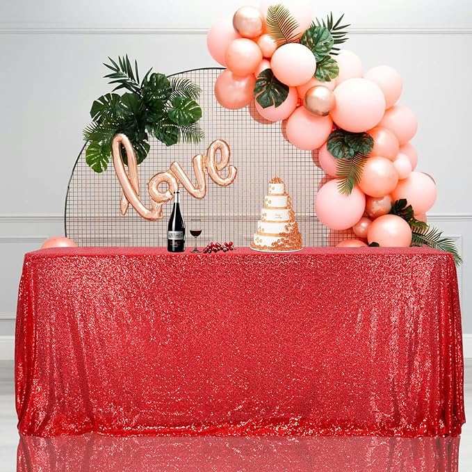 SquarePie Sequin Tablecloth 90 x 156 Inch Red Sparkly Table Linen - Image 6
