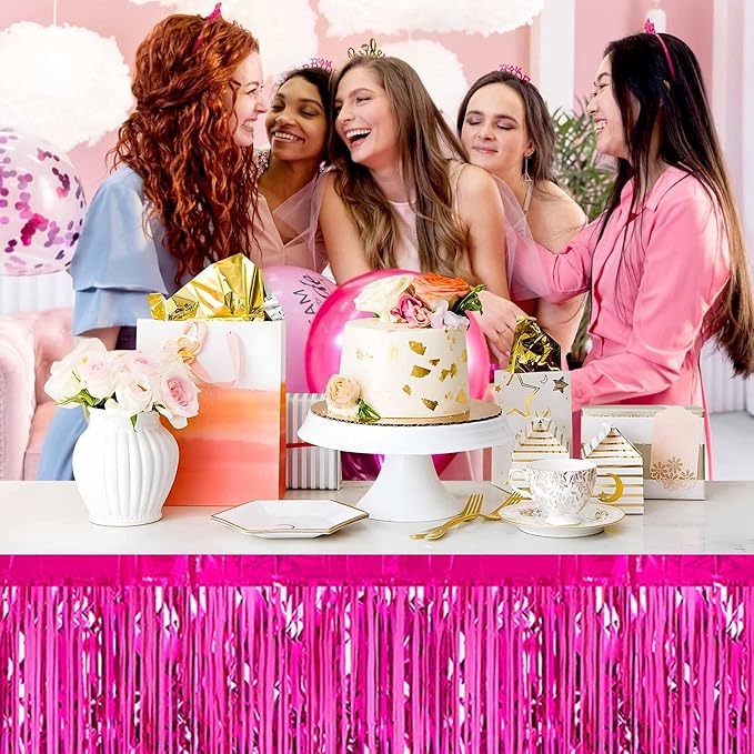 3 Pack Fuchsia Foil Fringe Table Skirts Metallic Tinsel Streamers Garland - Image 5