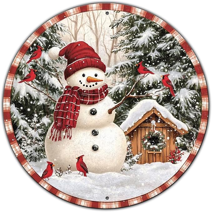 Round Christmas Metal Signs Vintage Snowman and Red Birds Tin Sign Metal Poster by GJXFTPTTBD