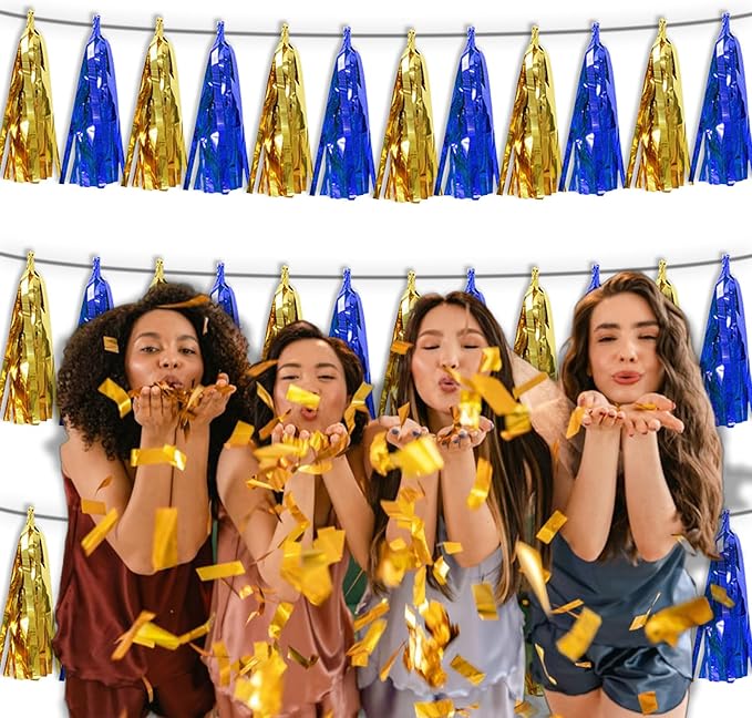 3PNavy-Blue Gold Metallic Fringe Tassel Banner Garland Foil Tinsel Streamer - Image 6