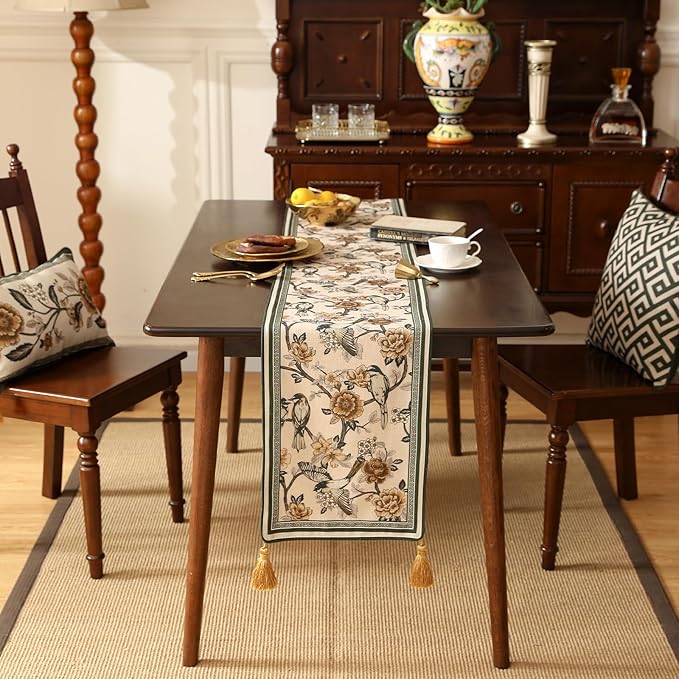 ISAENNE Designer Vintage Beige Linen Table Runner 102 Inches Long, Elegant - Image 6