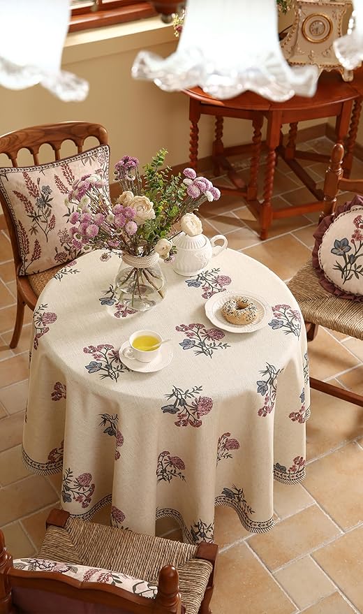 ISAENNE Designer Linen Light Beige Small Round Tablecloth, French Colorful - Image 7