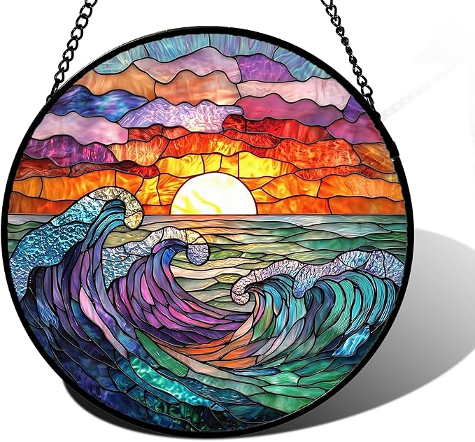 Stained Glass Window Hanging, Clouds and Sea Waves Suncatcher Diamond Glass by DASTOLL