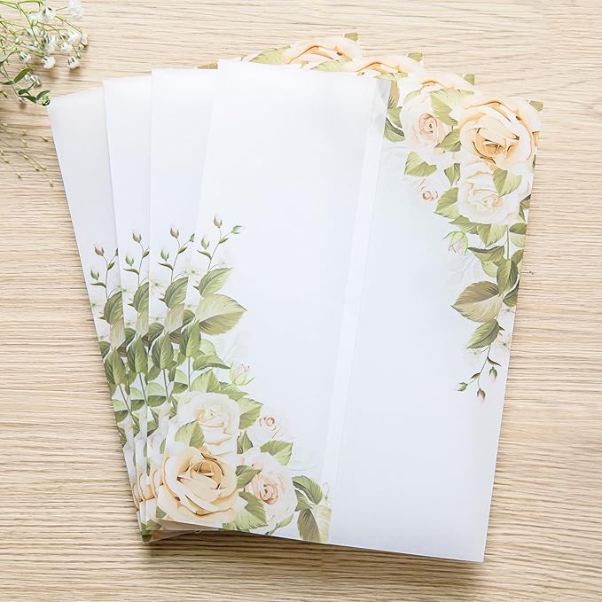PONATIA 50PCS Vellum Jackets for 5x7 Invitation Cards- 135GSM Champagne Flowers - Image 2