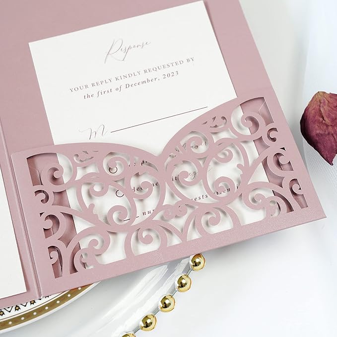 PONATIA 5.12 x 7.2 Dusty Rose Laser Cut Wedding Invitations, 5x7 Trifold Laser - Image 7