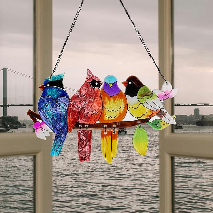 Stained Glass Window Hanging, Birds on A Branch Stain Glass Suncatcher - Image 2