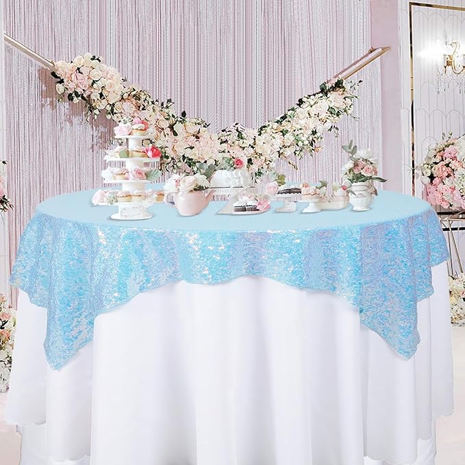 ShinyBeauty Iridescent Aqua Sequin Tablecloth Square Tablecloths Glitter Table - Image 4
