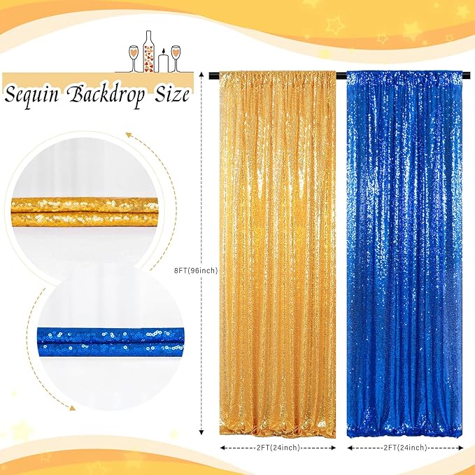 ShinyBeauty Blue and Gold Sequin Sparkle Photo Backdrop 2x8FT - Image 2