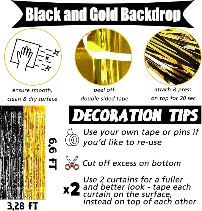 4 Pack 3.2Ft x 6.6Ft Black and Gold Fringe Curtain Backdrop, Metallic Tinsel - Image 2