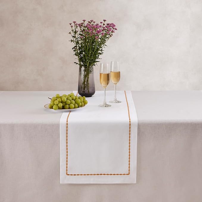 Cotton Linen Table Runner 90 Inches Long – Motif Embroidery White Dining Table - Image 2