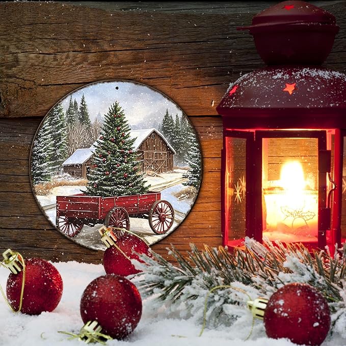 Round Barn Christmas Trees Metal Tin Sign Christmas Vintage Tin Sign Poster - Image 5