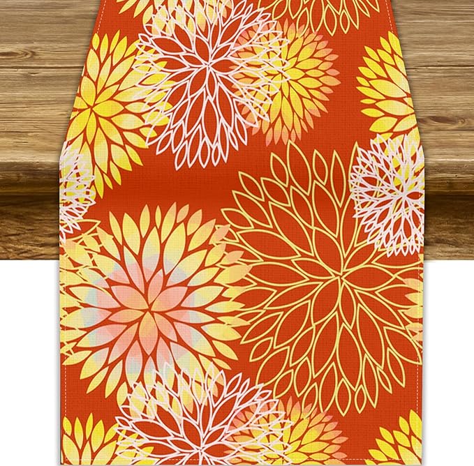 Yellow Floral Table Runner, Chrysanthemum Autumn Spring Summer Vintage Modern by ShiTingYu