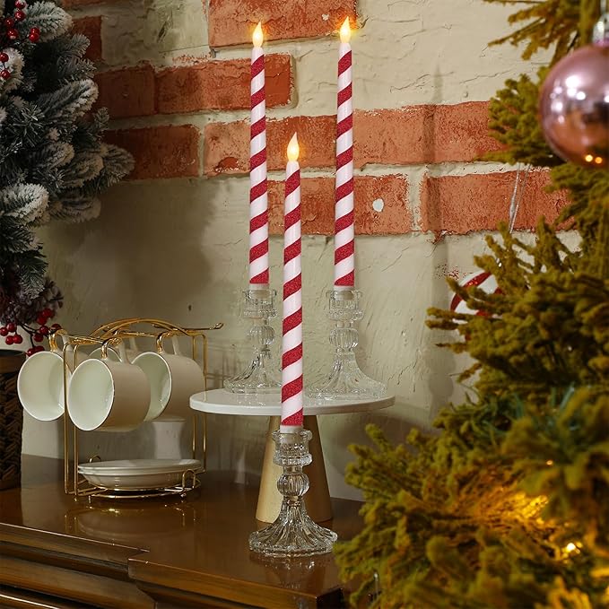 Baquler 6 Pcs Christmas Flameless Taper Candles 10.6 Inch Glitter Candy Cane - Image 2