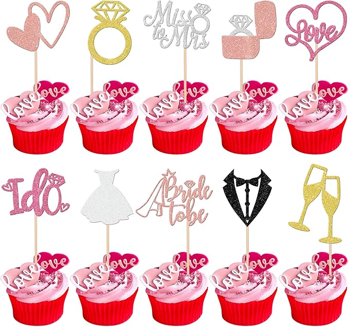 30 PCS Bride to Be Cupcake Toppers Wedding Cake Toppers I Do Love Heart Ring by ZHUOWEISM