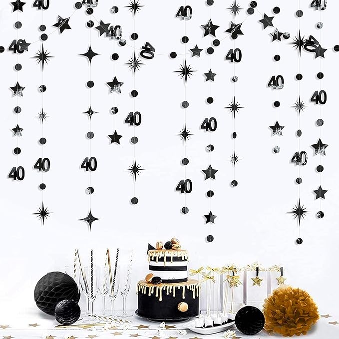 Black 40th Birthday Decorations Number 40 Circle Dot Twinkle Star Garland - Image 3