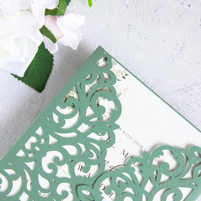 20Pcs Sage Green Laser Cut Invitation Cards - Image 7