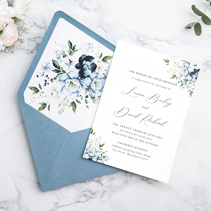 PONATIA 50PCS A7 Euro Flap Envelopes, 5.25 x 7.25'' Dusty Blue Flowers Liner - Image 7