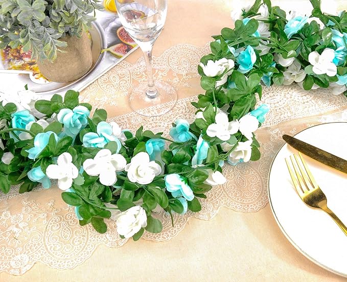 Miracliy 9Pcs 74FT Blue and White Flower Garland Artificial Rose Arch Vines - Image 7