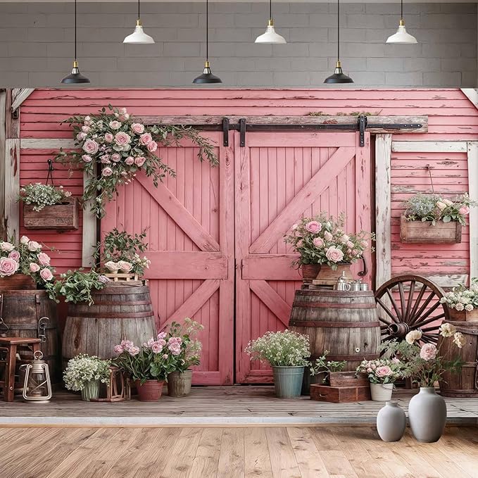 6x4ft Country Wedding Pink Photography Backdrop Rustic Wooden Barn Door - Image 8