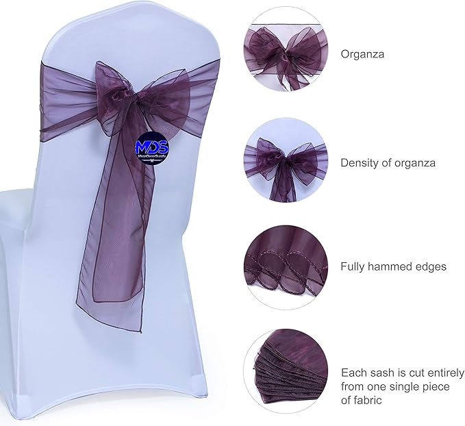 MDS Pack of 10 PCS Organza Chair Sashes Wider Dining Chair Bows Ribbon Tie Back - Image 2