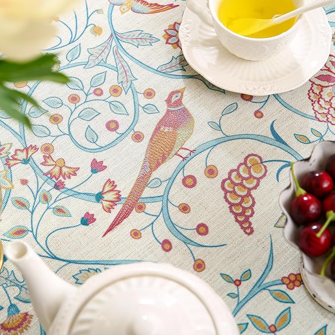 patdrea Designer Yellow French Round Tablecloth, Rustic Linen Floral Birds - Image 3