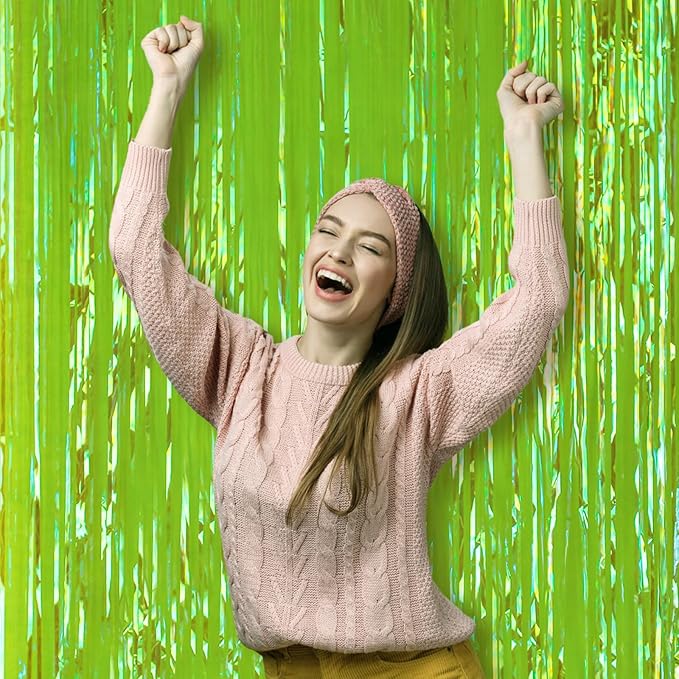 2 Pack Green Iridescent Tinsel Foil Fringe Curtains, Neon Party Decorations - Image 7