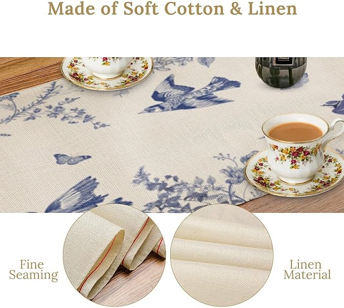 Monochrome Sketch Flowers Bird Table Runner, Seasonal Spring Fall Plants Blue - Image 5