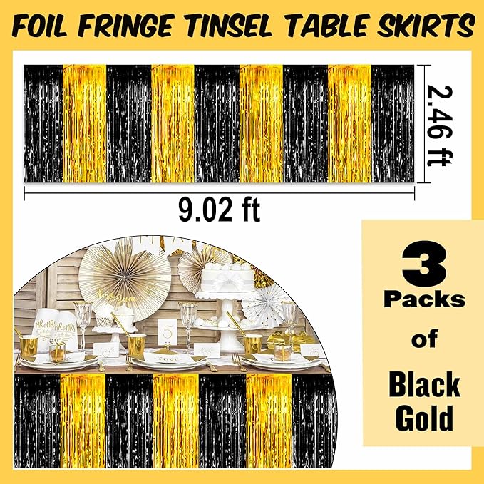 3 Pack 29 x108 Inch Black and Gold Foil Fringe Table Skirts Metallic Banner - Image 3