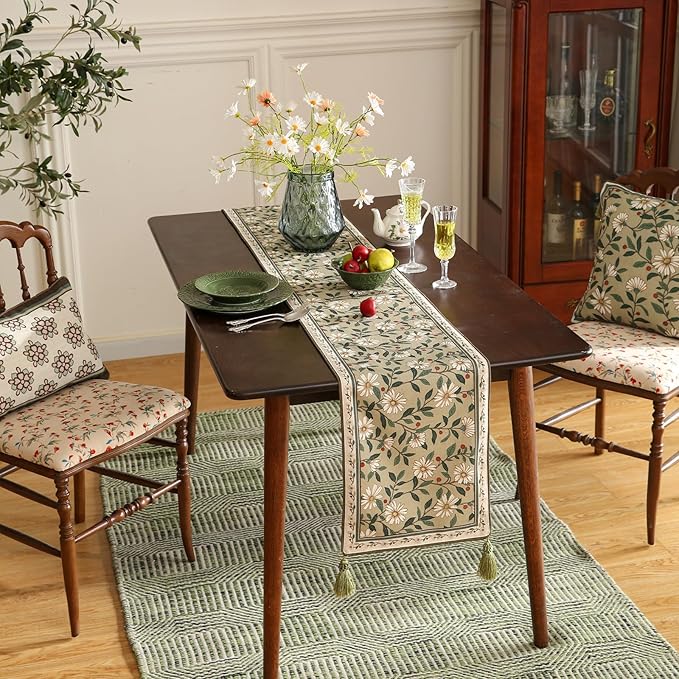 ISAENNE Designer Green Elegant Linen Table Runner 102 Inches Long, Flower and - Image 2